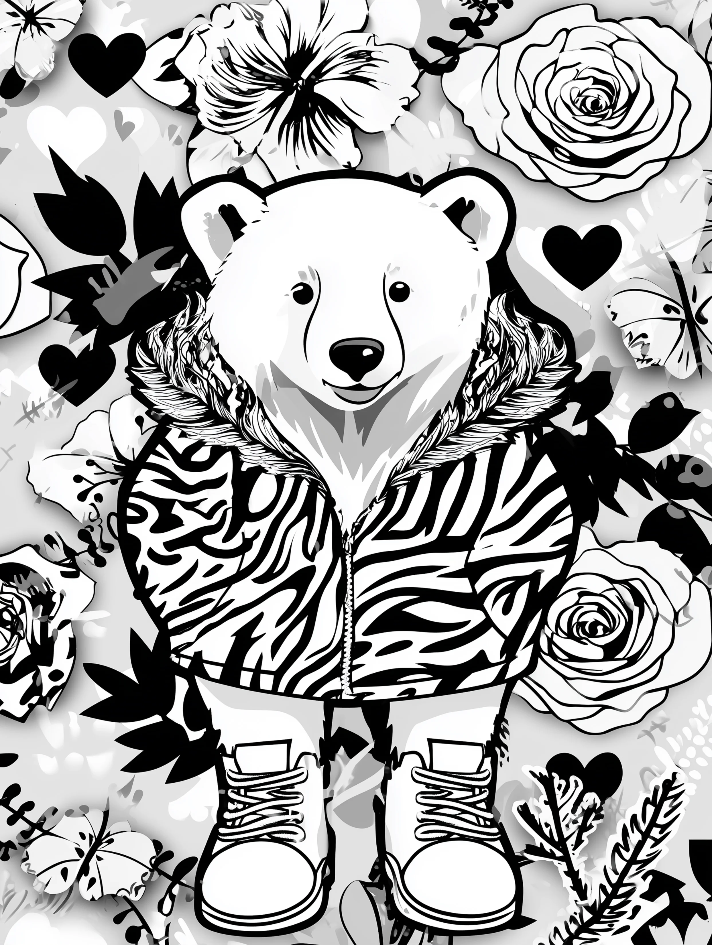 Free printable bear coloring book page featuring a bear wearing winter clothing